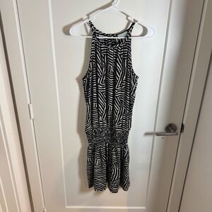 Veronica M. Black White Geometric Print Halter‎ Dress Smocked Waist M